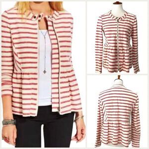 Free People Women's White Red Stripe Long Sleeve Full Zip Peplum Jacket SMALL